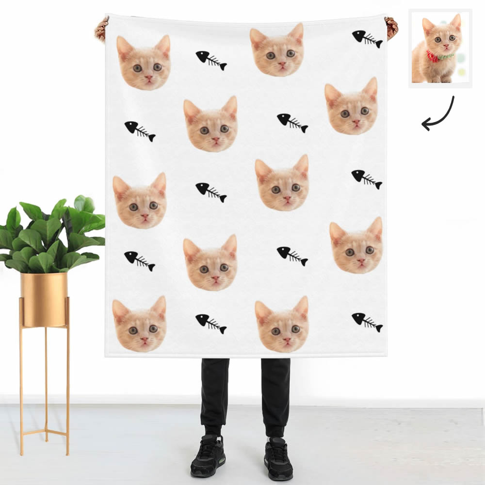 Custom Cat Face Blanket With Fish Bones